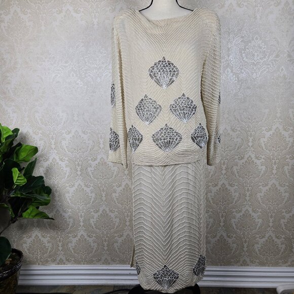 Jewel Queen Sz Med Beaded Sequin Evening Skirt Cream Silver Seashell Pearls Silk - Picture 11 of 13